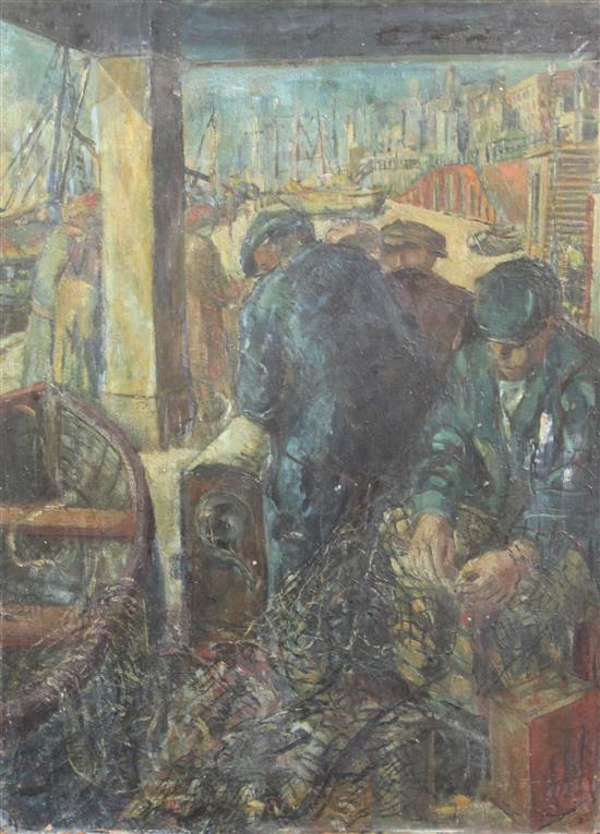 Modern British Fisherman mending nets on Brighton seafront 87 x 65cm., unframed